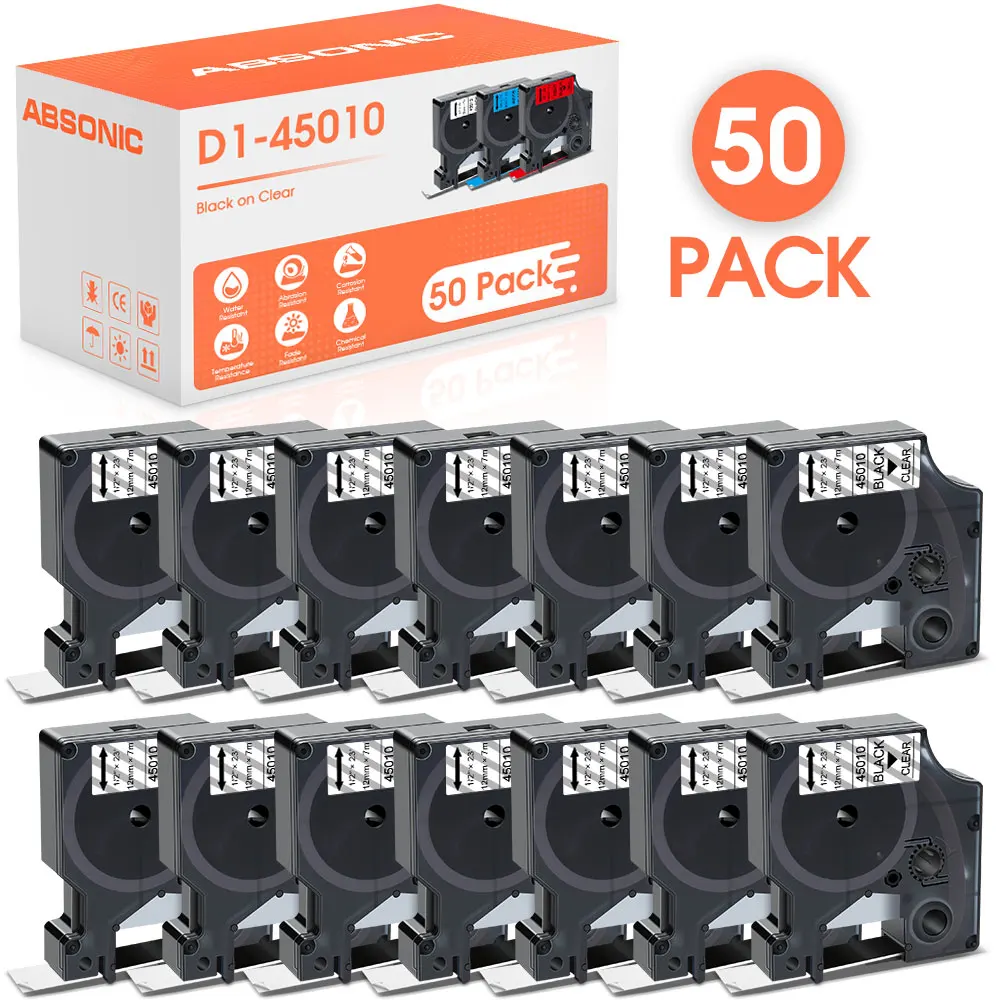 

50PK 45010 D1 Tapes Black on Clear Compatible for Dymo D1 45010 12mm Label Tape work for Dymo LabelManager 160 280 Label Maker