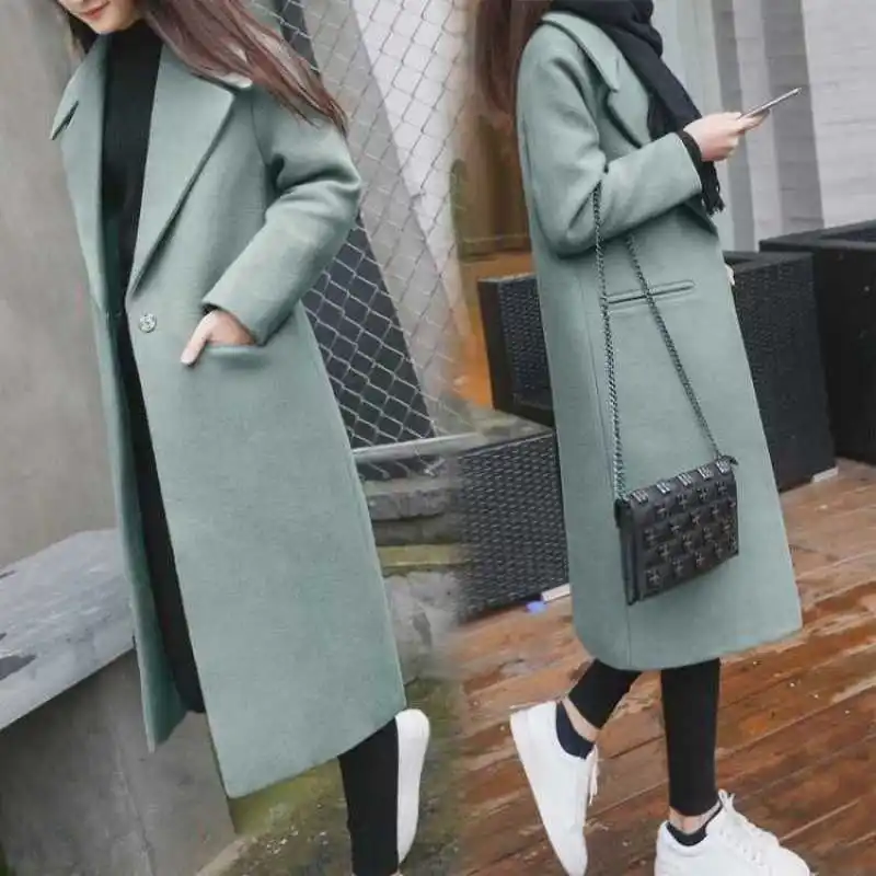 

Sping Autumn Women New Fashion Single Button Coat Lady Casual Wool Coat Jacket Solid Thin Long Coat Women