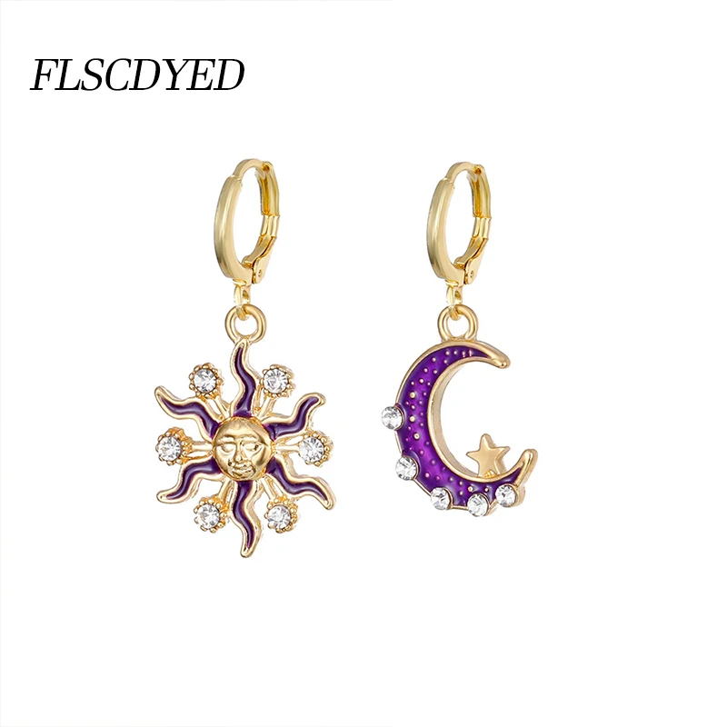 

FLSCDYED Vintage Purple Drip Oil Earrings for Women Shiny Rhinestones Sun Moon Asymmetric Girl’s Drop Earrings Fashion Jewelry