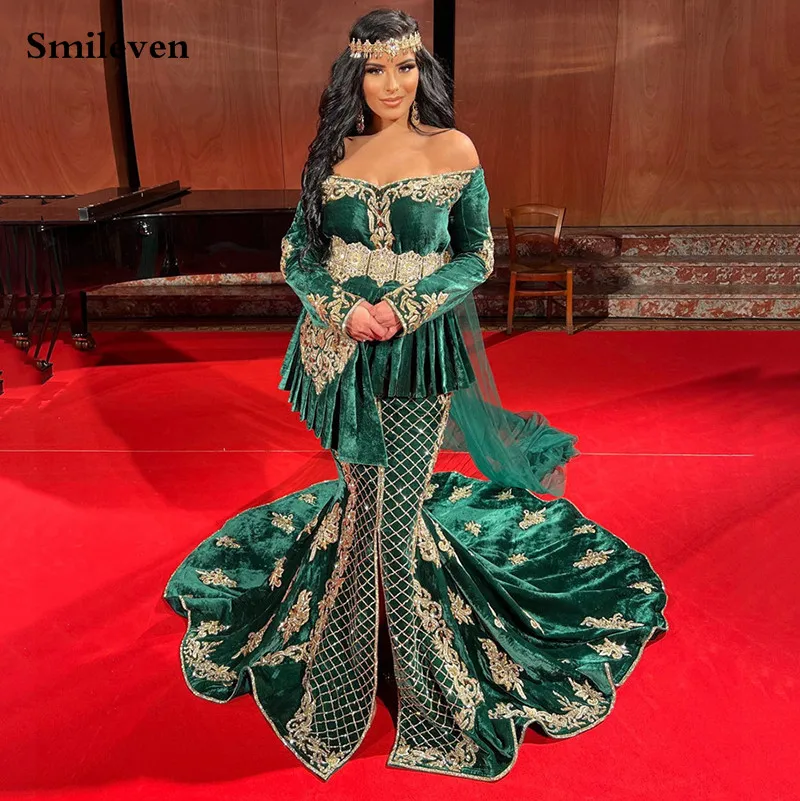 

Smileven Caftan Evening Dress Hunter Green Mermaid Prom Dresses Off The Shoulder Velvet Long Sleeve Evening Formal Party Dress