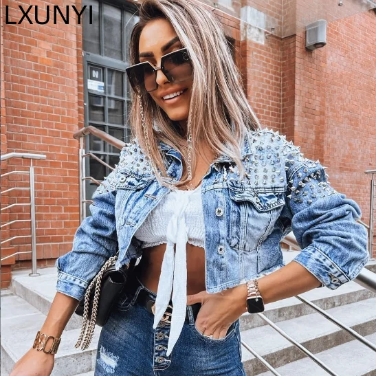 

Куртка LXUNYI женская джинсовая с заклепками, модная уличная одежда с длинным рукавом, Короткая свободная джинсовая куртка с эффектом потертости, осень 2023