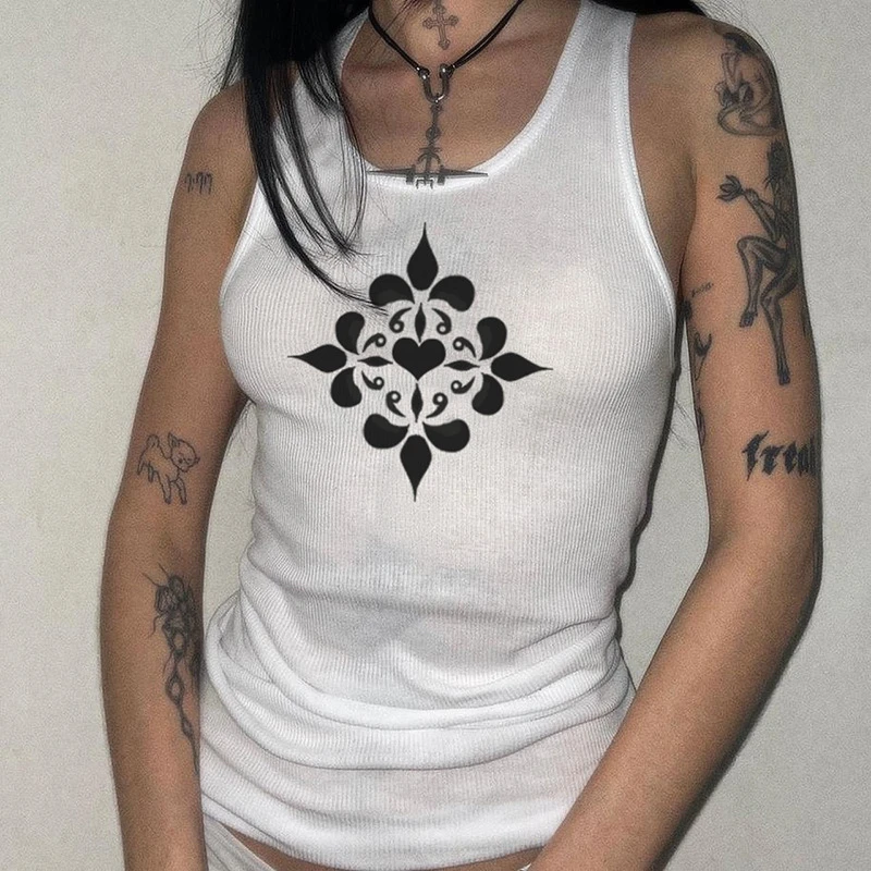 

Dourbesty Vintage Graphic Print Tanks Cyber y2k Women T Shirts Aesthetic Goth Crop Top Dark Academia Clothes E Girl Casual Vest