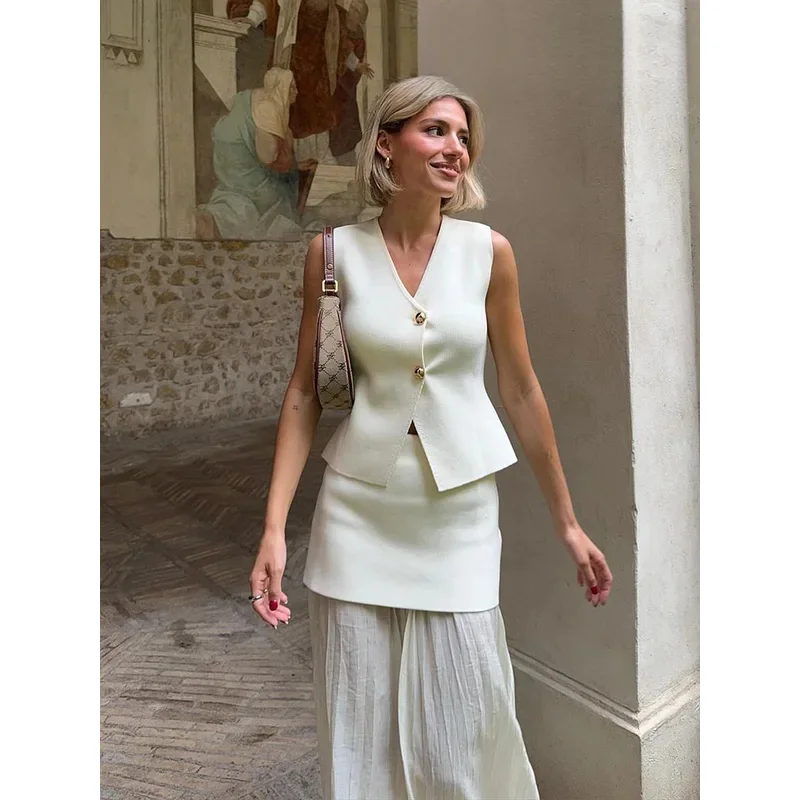 Женский костюм-двойка повседневный модный вязаный жилет без рукавов с v-образным