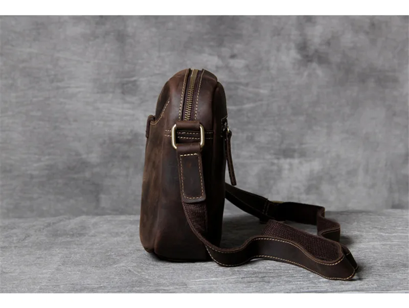 Retro fashion crazy horse cowhide men's coffee color mobile phone bag daily outdoor work weekend youth shoulder messenger bag