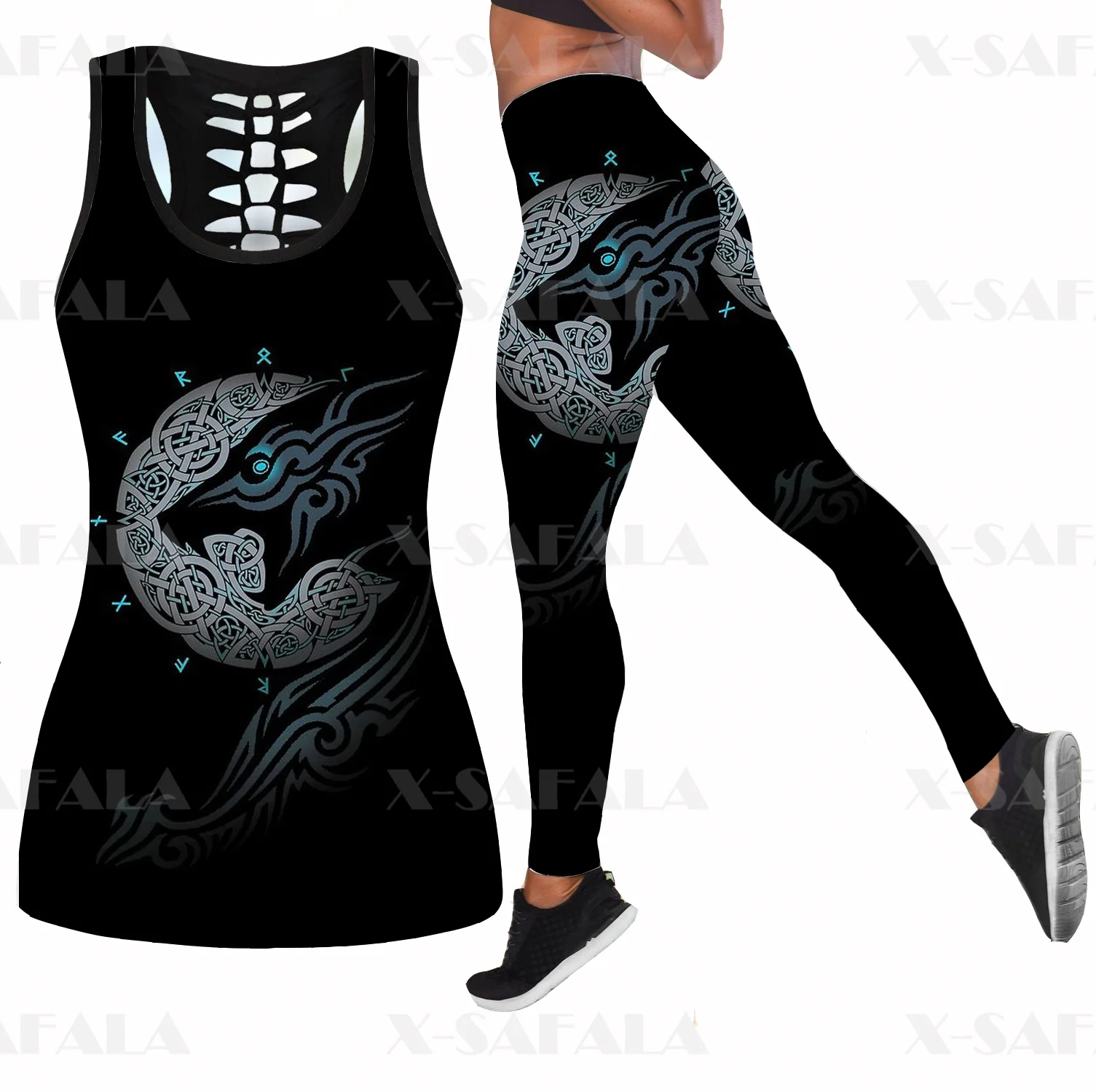 

Wolf Tattoo Symbol Viking Armor Two Piece Yoga Set Women 3D Print Hollow Out Tank Top High Waist Legging Summer Casual Sport-8