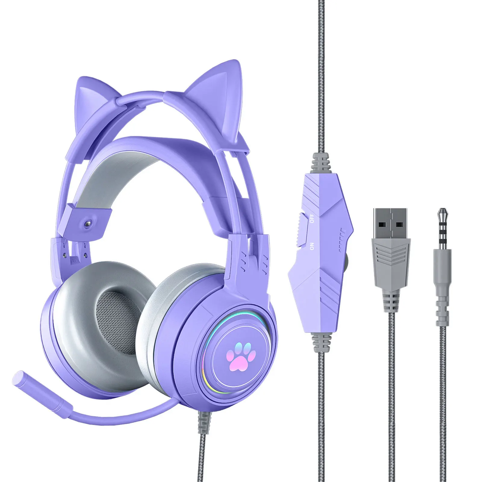 

Girl Cute Wired Gaming Headset With Detachable Cat Ears Kids Adults Over Ear For PC Universal Noise Cancelling Mic RGB Backlight