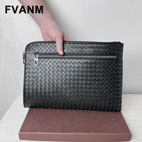 mens sheepskin woven clutch bag luxury brand design large capacity business fashion minimalist casual atmosphere envelope clip
