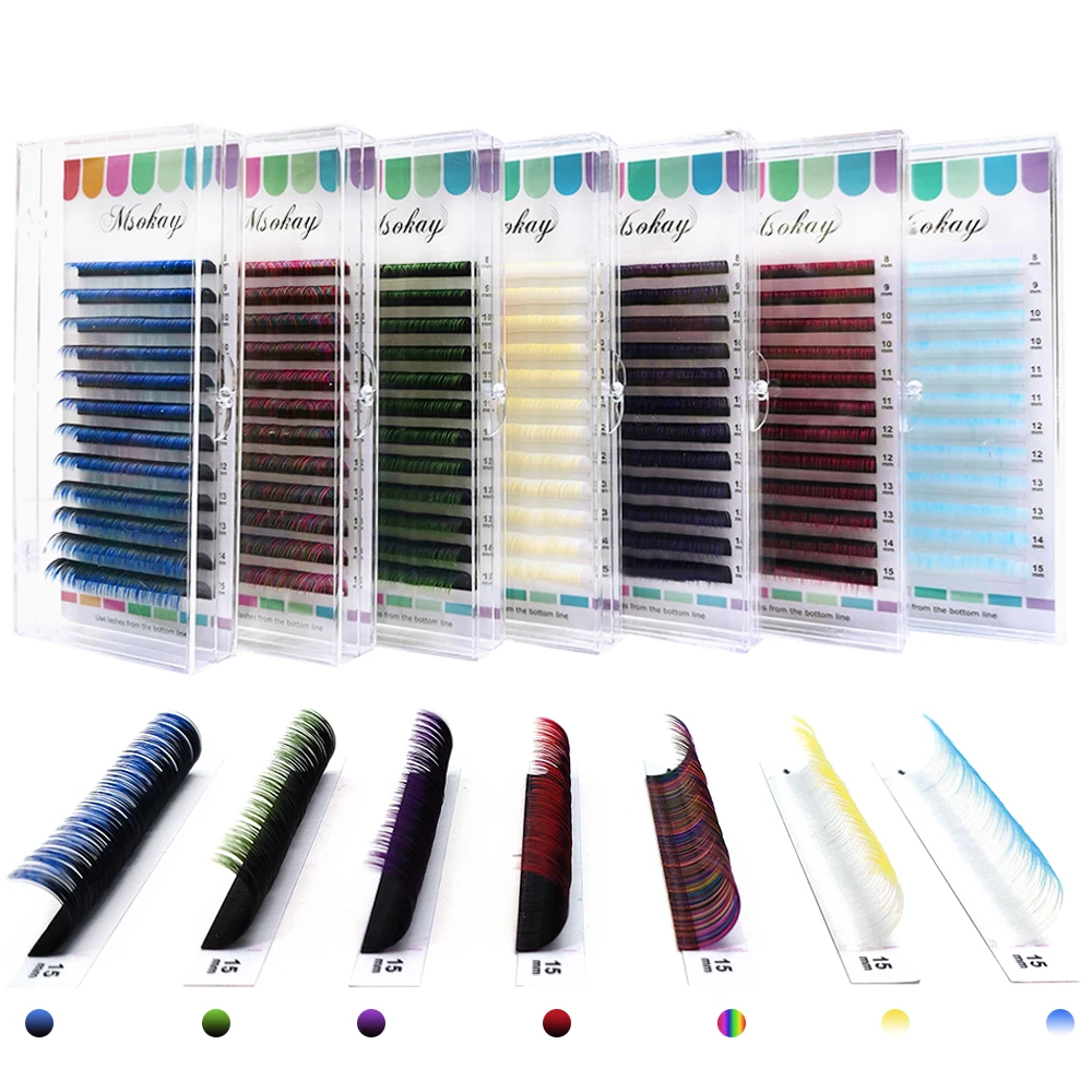 

MSOKAY 8-15mm Ombre Colored Eyelash Extension 12 Rows Gradient Red Green Blue Purple Individual Faux Mink False Lashes Makeup