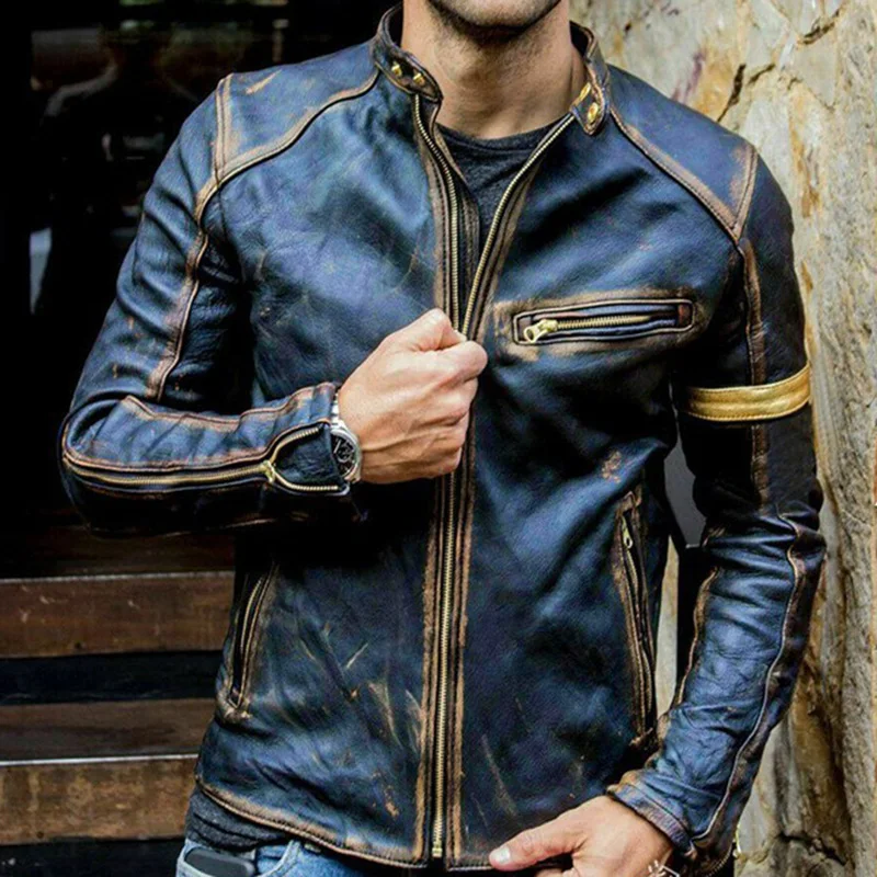 

Jacket Men's Fashion Faux Leather Stand Punk Motorcycle Jacket Autumn Winter Casual Long Sleeve Zipper Stitching Jacket