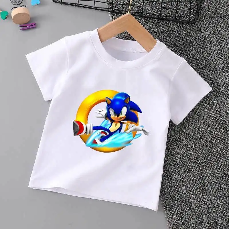 

Детская футболка с изображением Ежика Sonic, летняя новая хлопковая Футболка с принтом и короткими рукавами, модная Высокоэффективная креативная игровая периферийная одежда