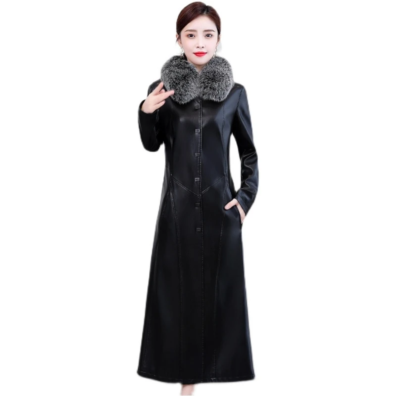 Autumn Winter Long Genuine Leather Jacket Women Fashion Fox Fur Collar Plus Cotton Liner Thick Sheepskin Coat Famale Clothing