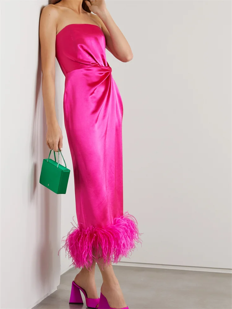 

2022 New Fashion hirigin Fur Feather Hem Patchwork Sexy Women Dress Strapless Off Shoulder Knotted Long Dress Female Vestidos