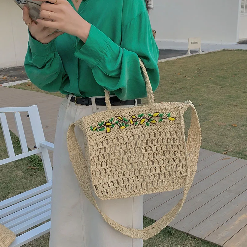 Summer Straw Bag Design Hand Woven Lemon Pattern Handbag Large Capacity Hollow Out Tote Bali Bohemia Holiday Beach Shoulder Bag