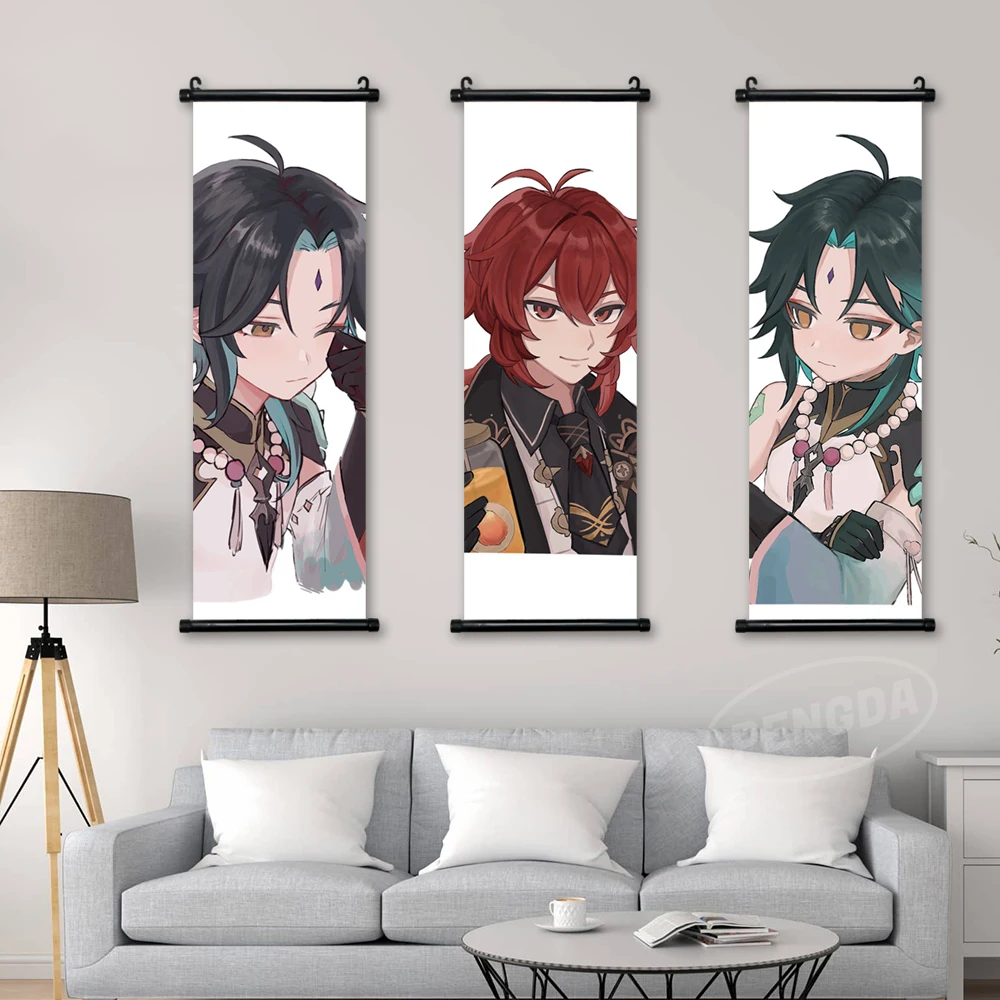

Genshin Impact Print Pictures Diluc Ragnvindr Canvas Home Room Decor Xiao Poster Yae Miko Scroll Hanging Anime Painting Wall Art