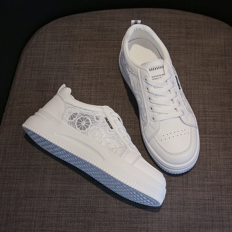 

2022 Summer Fashion Mesh Lace Sneakers Women White Platform Sneakers Casual Comfortable Flats Vulcanized Shoes Thick Sole Soft