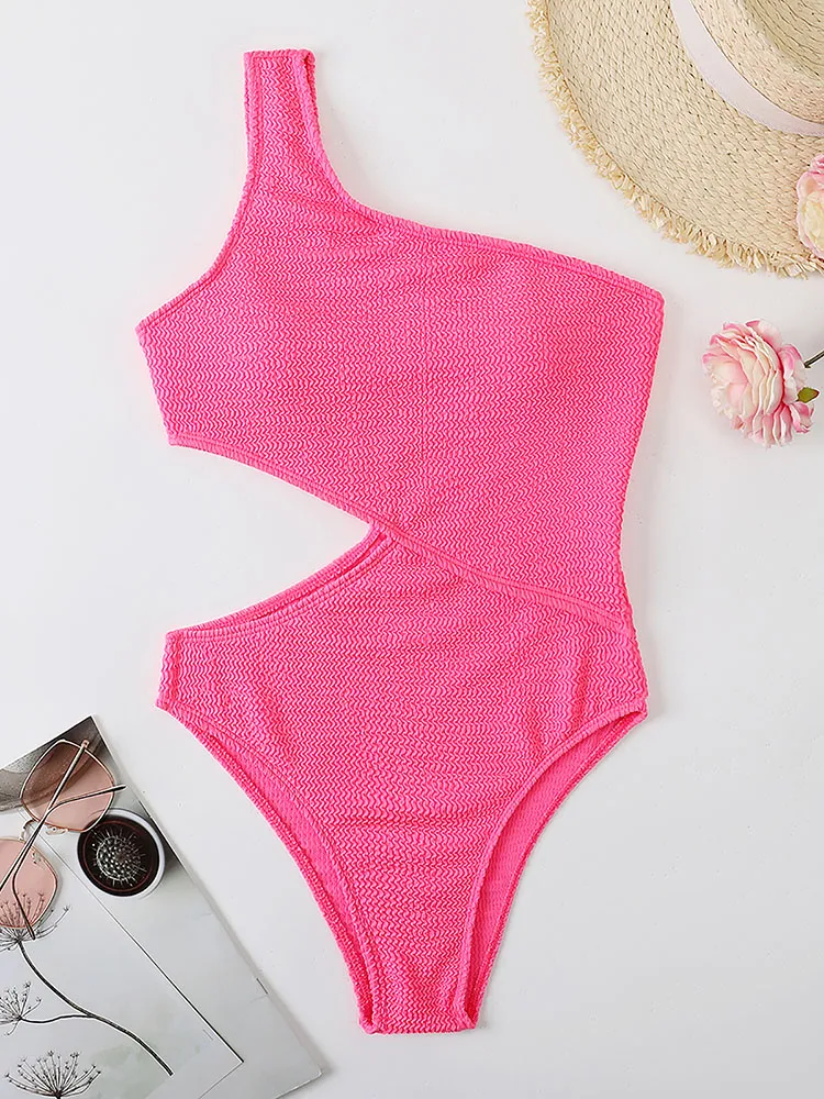 Sexy One Shoulder Swimsuits Female Cut Out Bodysuits Pink Green Monokini 2022 Wavy Fabric Swimwear New Bath Suits One Piece