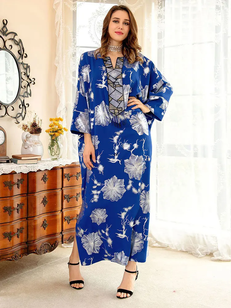 

Eid Beading Tassel Kaftan Dress Women Printed Dubai Saudi Abaya Muslim Long Dress Party Robe Moroccan Summer Caftan Free Size