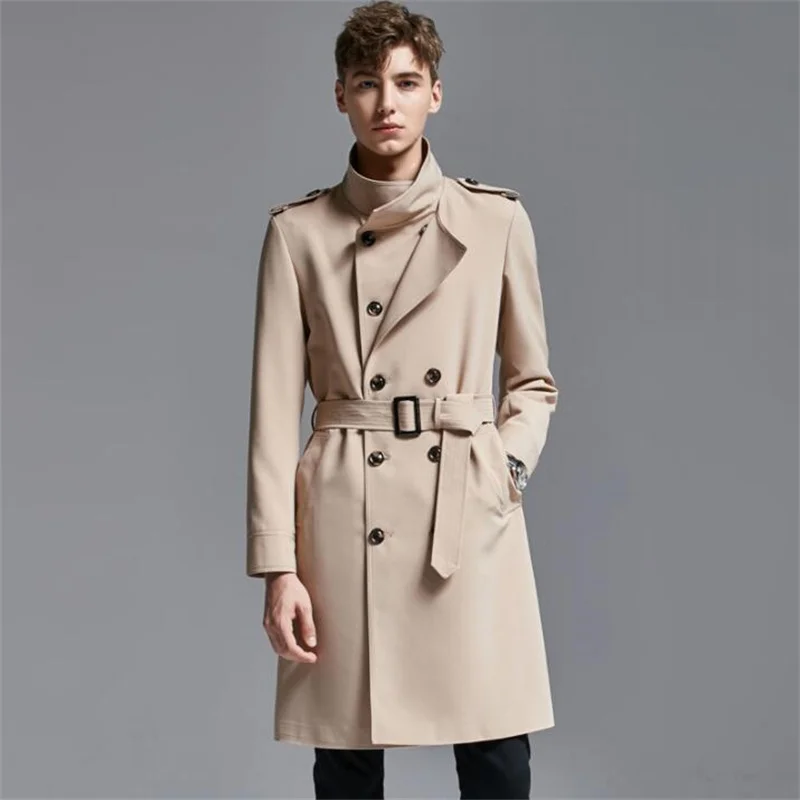 

Stand collar trench coat men's mid-length spring autumn double-placket business fashion loose long-sleeved clothes black khaki