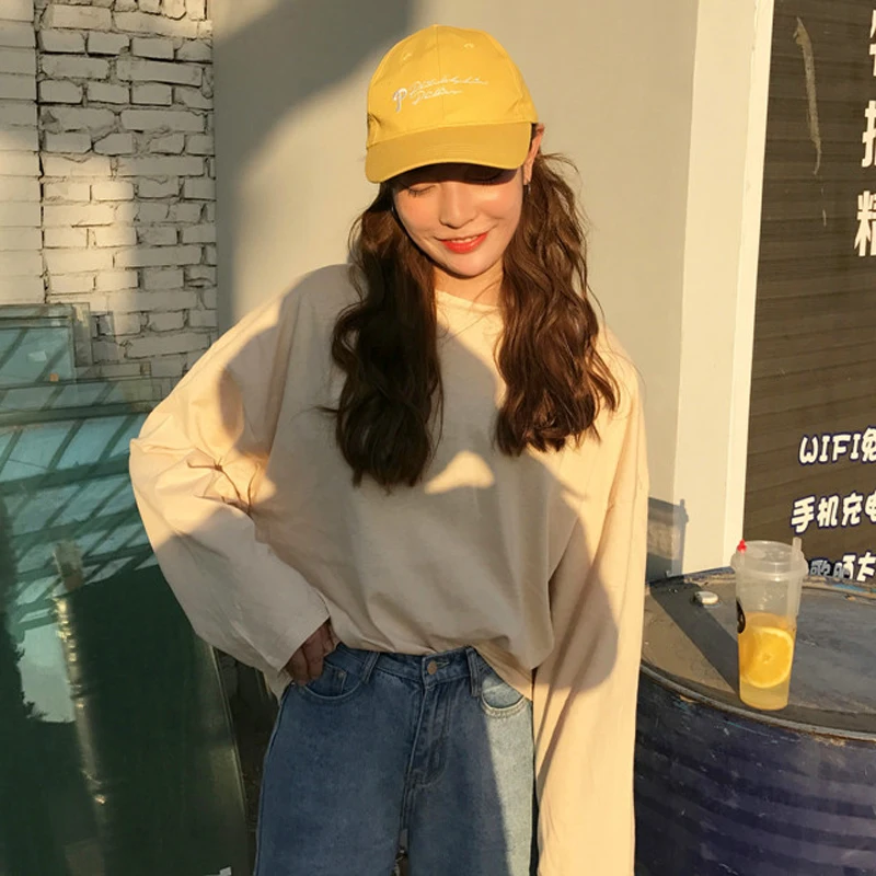 

Korean classic pure color long sleeve women's T-shirt women's simple jacket chic loose fashion women's leisure T-shirt