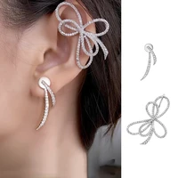 new designer silver color bow clip on earrings pierced jewelry fashion luxury glitter ear cuff crystal stud earrings for women