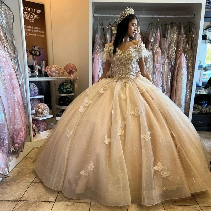 

Champagne Tulle Ball Gown Quinceanera Dresses Robes De Bal Back Bow Sweet 16 Dress Flowers Glitter Zimmermann Dress Prom Gown