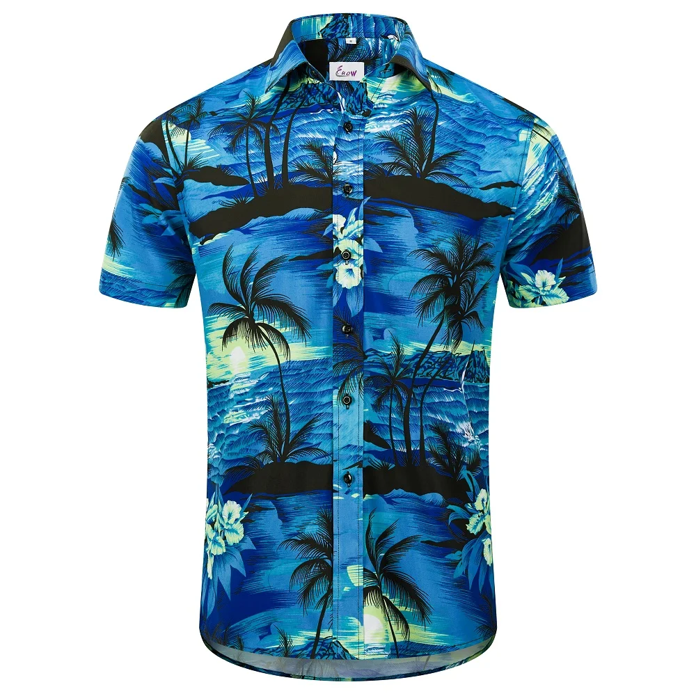 EUOW Mens Beach Shirts Summer Vacation Men Clothing Hawaiian Button Shirts Short Sleeve Camisas Casual Printed Blouse Top 2022