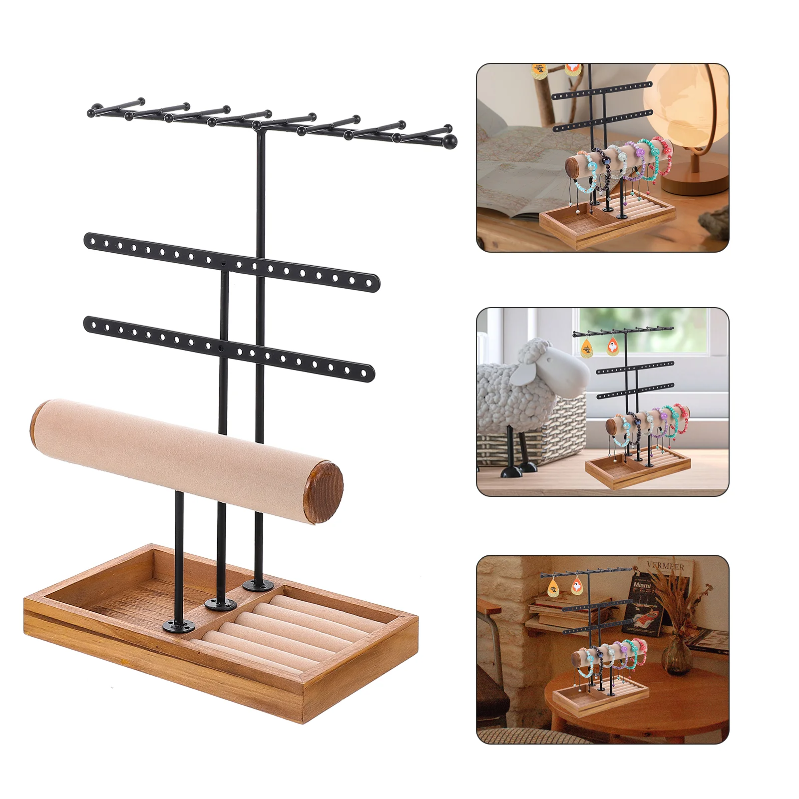 

Jewelry Display Stand Retro Earring Metal Organizer Shelf Bracelet Holder Wood Organizer