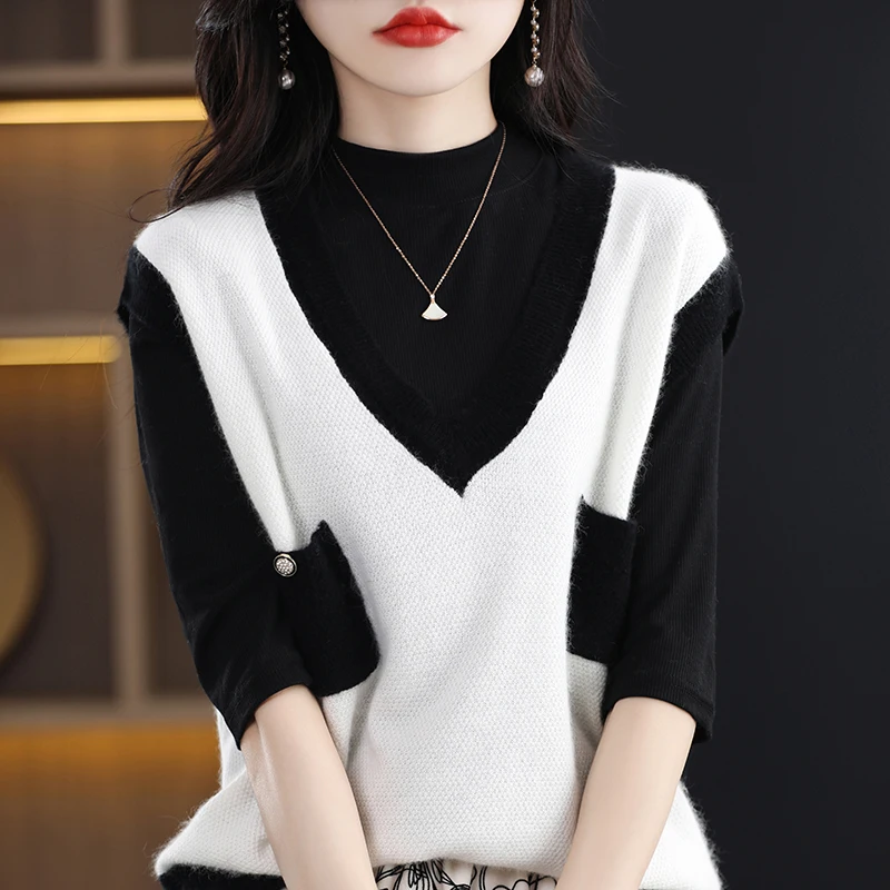 

4-color V-neck women's sleeveless sweater, solid color knitted short pullover, 100% merino wool vest,2023 new product hot sale
