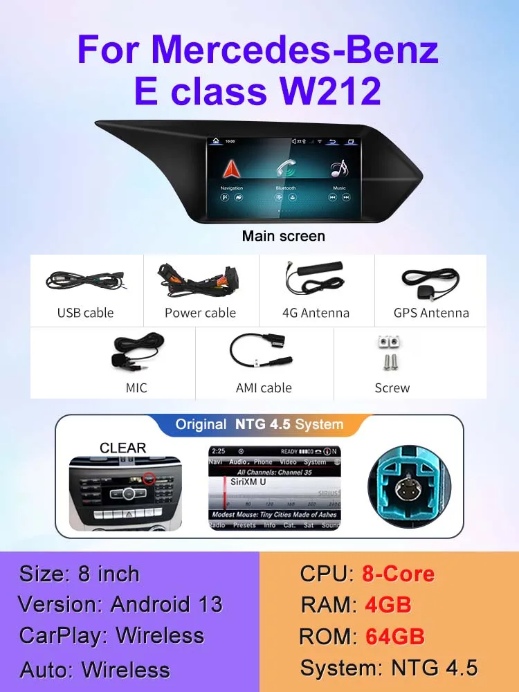 

Автомобильные мультимедийные плееры Qualcomm Snapdragon668 Android 13 для Mercedes Benz E Class W212, GPS-навигация CarPlay AUTO