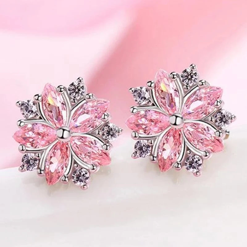 

Trendy Pink Crystal Cherry Blossoms Earrings for Women Charm Flower Stud Earring White Gold Color Wedding Jewelry Dropshipping