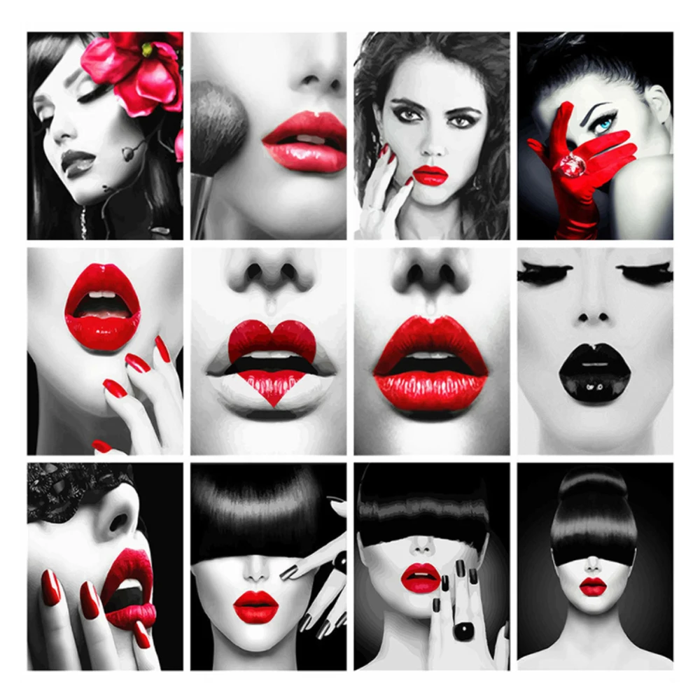 

DIY 5D Diamond Painting Cross Stitch Kits Square Portrait Woman Diamond Embroidery Red Lip Rhinestones Mosaic Wall Art Crafts