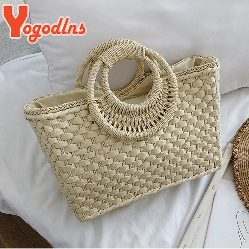Yogodlns, винтажная соломенная сумка ручной работы, женская летняя Большая вместительная пляжная сумка, плетеная Сумка, сумка с ручкой из ротан...