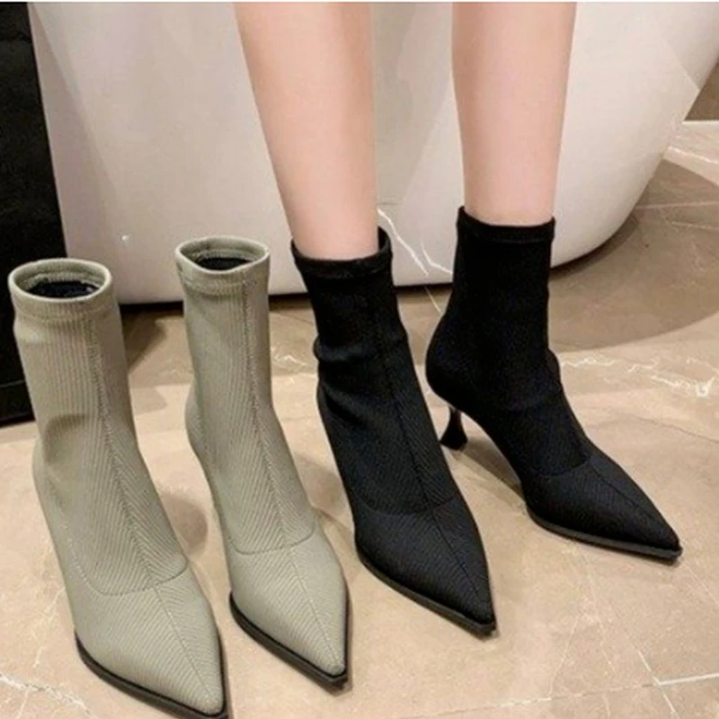 Pointed Toe High-heeled Ankle Boots Women's New Mid-sleeve Elastic Boots Korean Version Nude Color Ankle Boots Thin High Boots