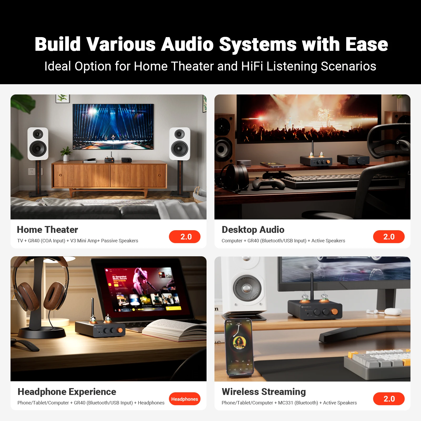 Fosi Audio GR40 ESS9028Q2M Встроенный ЦАП Bluetooth ламповый предусилитель и усилитель для