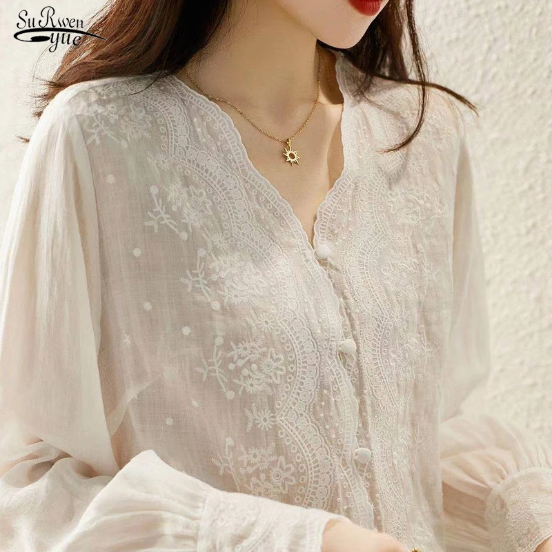 

Блузка женская кружевная, с цветочной вышивкой, с V-образным вырезом, на осень, 16108