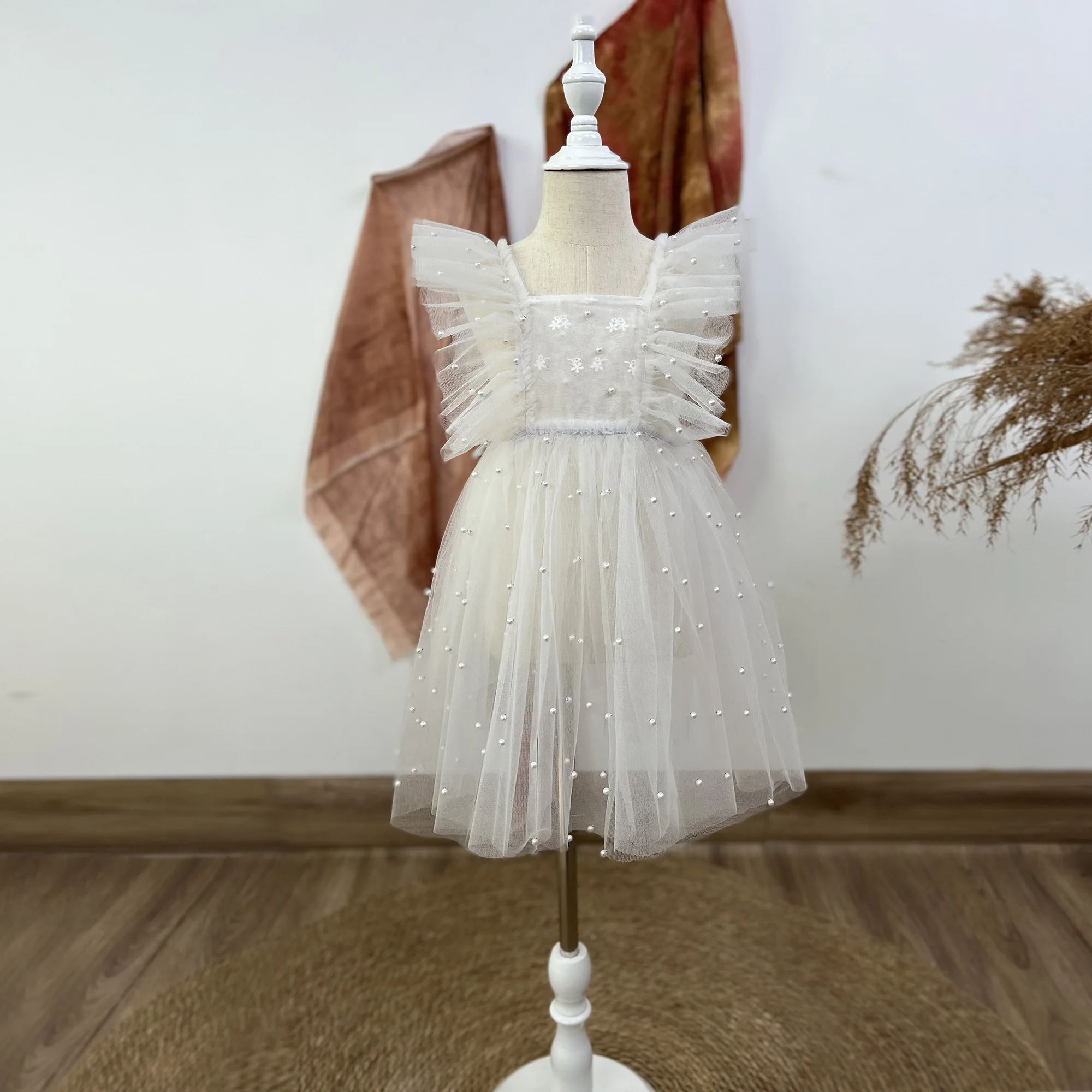 Don&Judy Little Girl Dress Photo Shoot Prop Floral Ruffle Princess Kid Gown for Photography Accessories Child Tulle Pearl Outfit