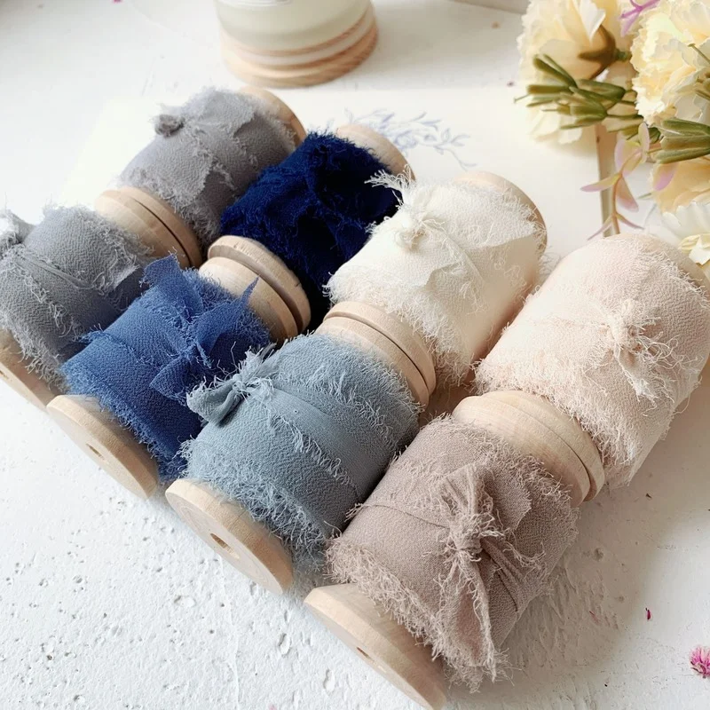 

35mmX5m/Roll 22Colors Ins Style Handmade Chiffon Frayed Edged Silk Ribbon Wedding Bouquet Streamers Gift Wrapping