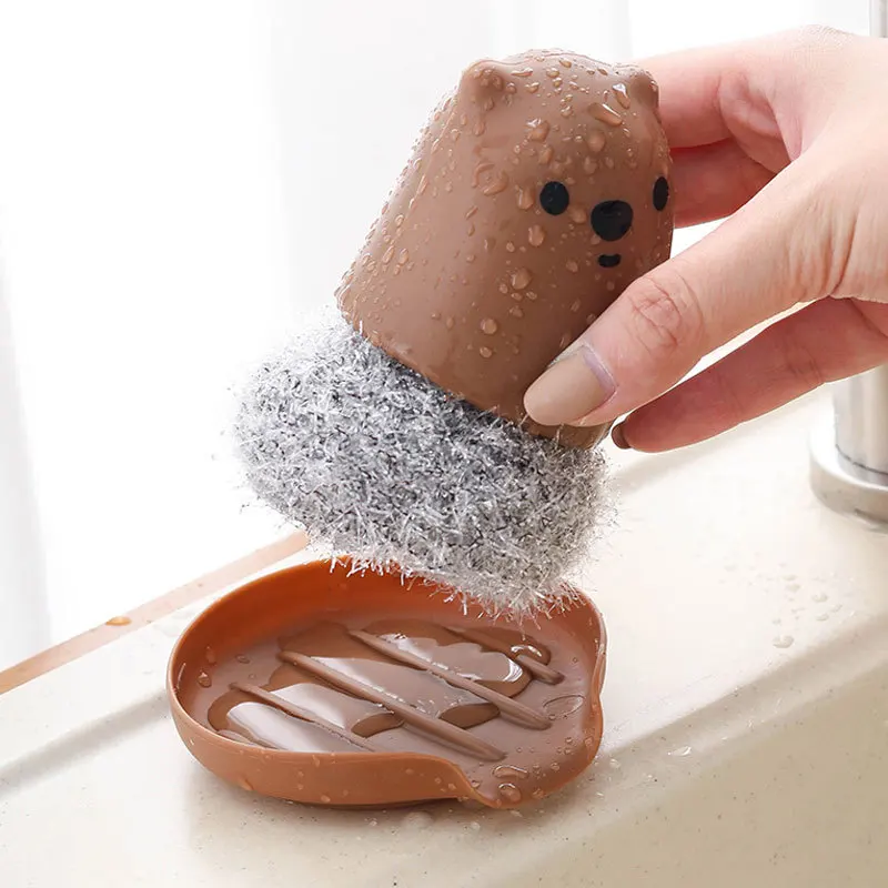 

Cute Bear Shape Pot Dishwashing Brush Removable Household Cleaning Ball with Handle Kitchen Cleaning Supplies