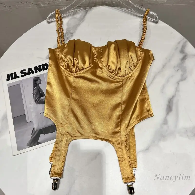 

2022 Summer Crop Top for Women New Classic Style Satin Pleated Sexy Socialite Slim-Fitting Suspenders Camisole Tank Mujer