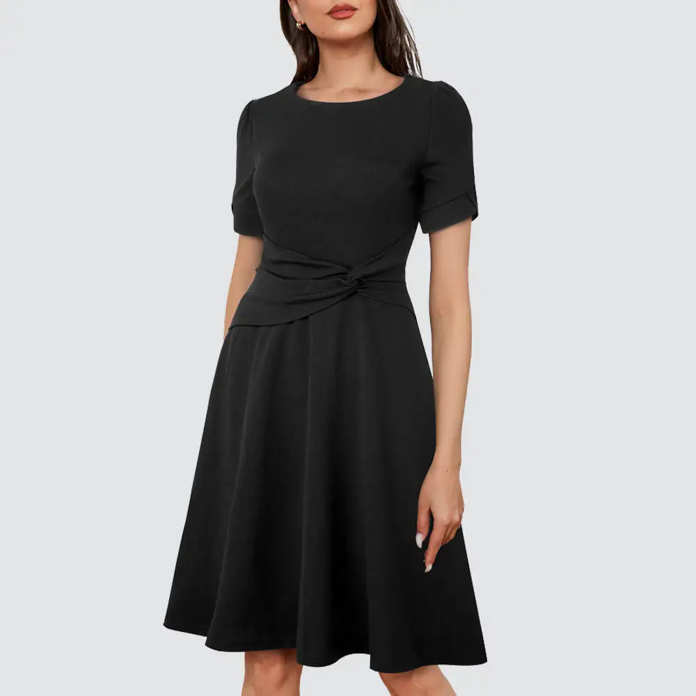

Women Summer Elegant Pure Color Round Neck Knot Waist Party A-Line Skater Dress HA313