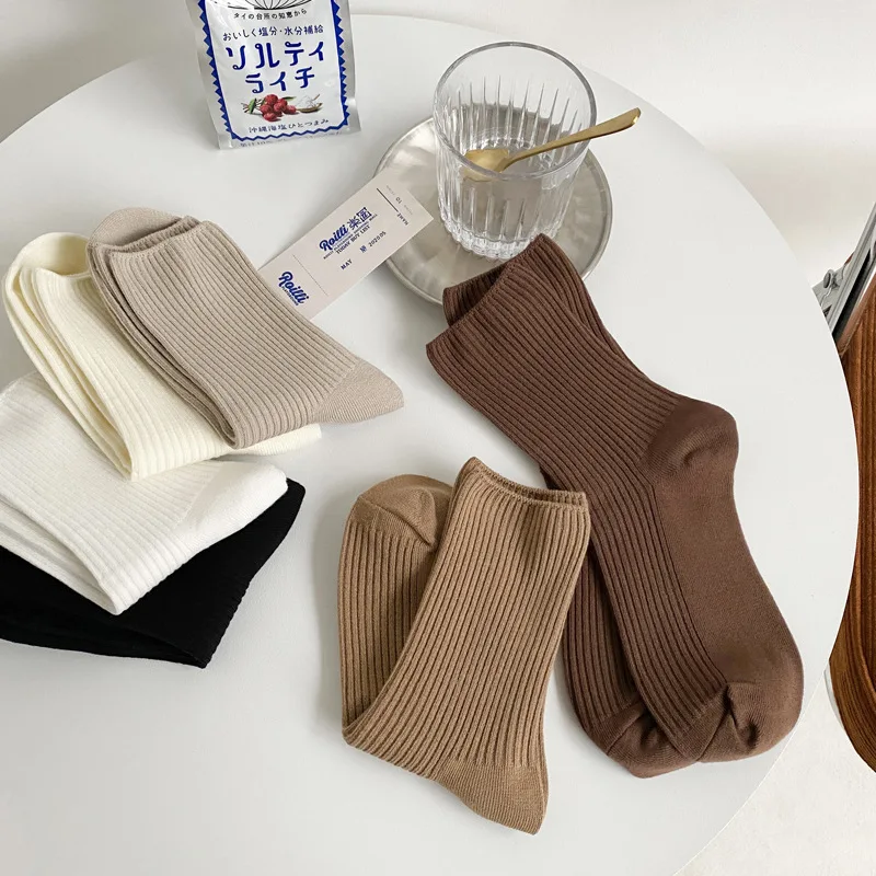 

Solid Color Cotton Women Socks Elastic Comfortable Woman Socken Knitting Basic Simple Khaki Daily Female White Socks