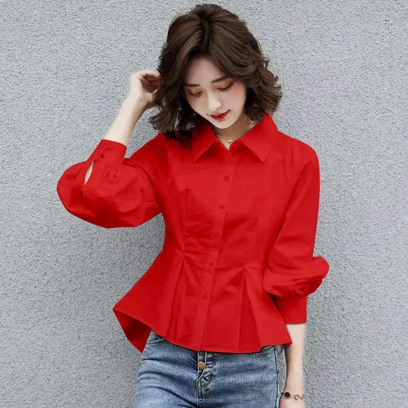 

New Casual Tops Loose Chic Blouse 2023 Spring Autumn Lapel Button Spliced Folds Lantern Sleeve Shirt Women's Clothing