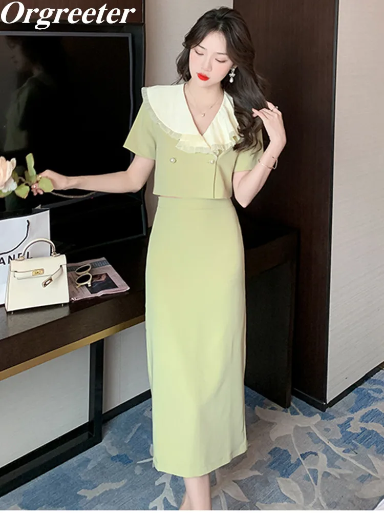 

Elegant Lady Summer Two Piece Set Women Outfits Sweet Ruffles Collar Double-breasted Short Blouse Tops+Split Long Skirt Suits