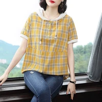 cotton 2022 spring new hooded short sleeved shirt womens korean loose fashion top tees casual harajuku