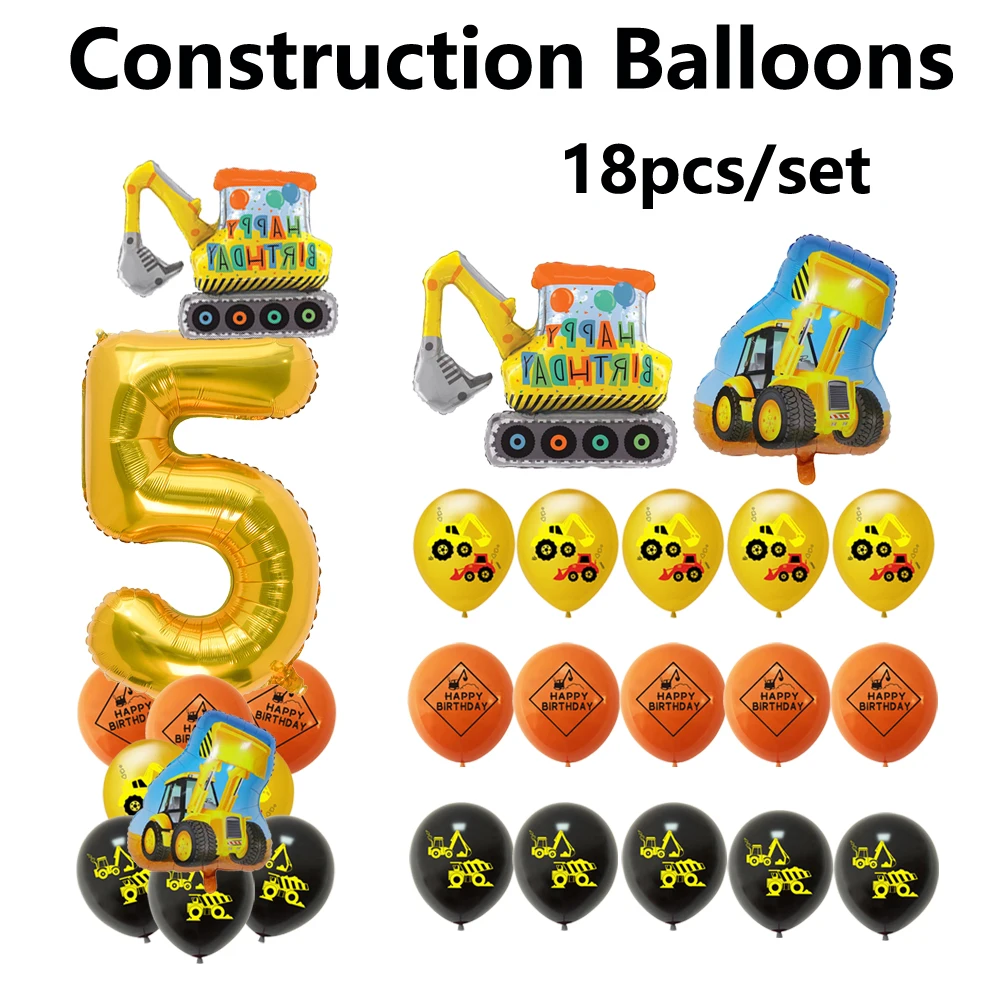 

18pcs Excavator Balloon Set 32 inch Gold Number Balloon Construction Truck Globos Contruction Boys Birthday Party Decor Supplies