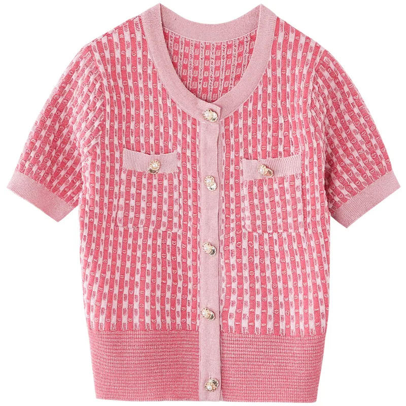 

Женский вязаный свитер в клетку, Повседневная винтажная блузка из вискозы, короткий кардиган с коротким рукавом в Корейском стиле, лето 2022