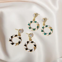 s925 silver needle retro new fashion high end contrast color cross twist pearl stud earrings metallic temperament earrings