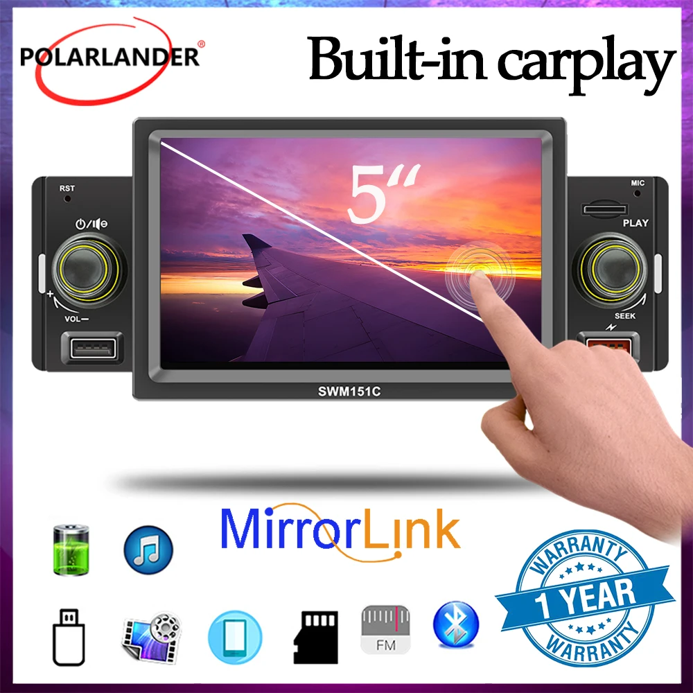 

Автомобильный радиоприемник 1Din 5 'Android Авто/Apple CarPlay Mirror Link Bluetooth громкая связь USB SD TF Мультимедиа IPS сенсорный экран MP5 плеер