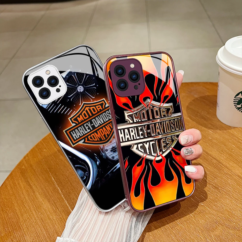 

Luxury Harley-Davidson Motor Metallic-Color Phone Case For iPhone 14 13 12 Mini 11 Pro Max XS XR 7 8 SE 20 Plus Glass Hard Cover