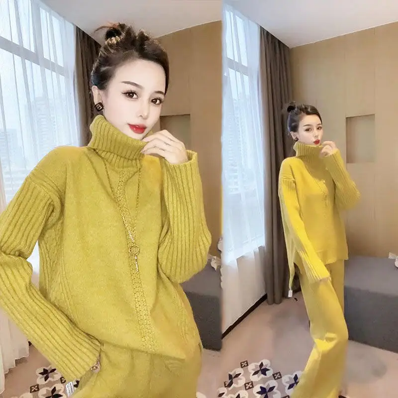 

2023 Autumn and Winter New Loose Turtleneck Sweater Suit Female Western Style Fashion Wide Leg Pants Two-Piece Set Female V734